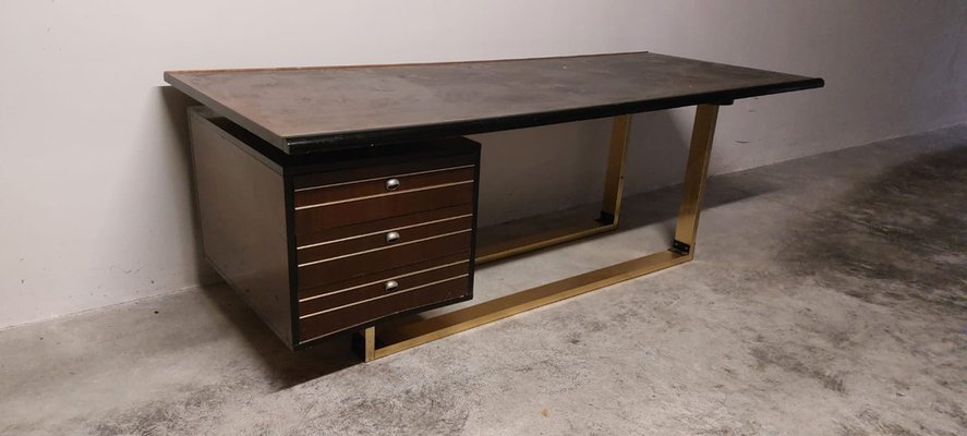 Italian Brass and Wood Desk, 1970s-BGX-1760969