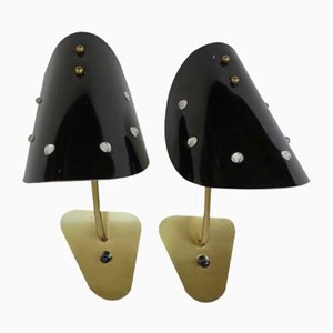 Italian Brass, Black Lacquered Aluminum and Glass Bead Sconces, 1950s, Set of 2-EY-681693