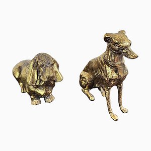 Italian Brass Bronze Desk Top Dog Sculptures or Paperweights, 1960s, Set of 2-EUP-1437159