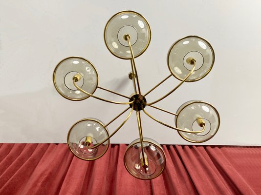 Italian Brass Ceiling Light with 6 Smoked Glass Globes, 1960s-YZD-1111050