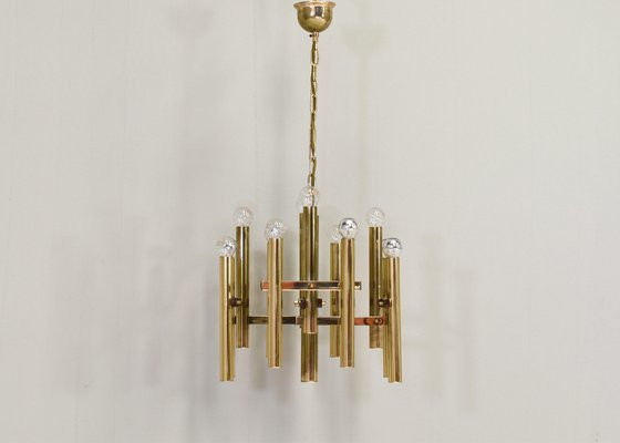 Italian Brass Chandelier 12 Spot Pendant Lamp by Gaetano Sciolari, 1970s-TE-1274088