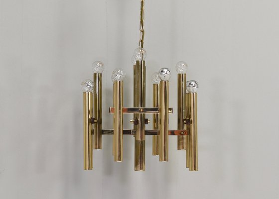 Italian Brass Chandelier 12 Spot Pendant Lamp by Gaetano Sciolari, 1970s-TE-1274088