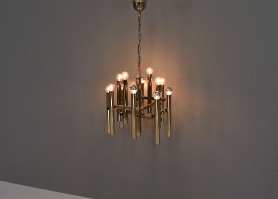 Italian Brass Chandelier 12 Spot Pendant Lamp by Gaetano Sciolari, 1970s-TE-1274088