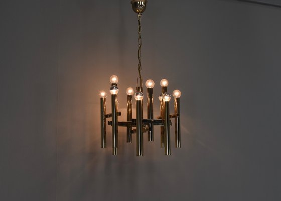 Italian Brass Chandelier 12 Spot Pendant Lamp by Gaetano Sciolari, 1970s-TE-1274088