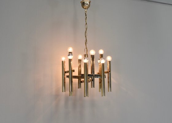 Italian Brass Chandelier 12 Spot Pendant Lamp by Gaetano Sciolari, 1970s-TE-1274088