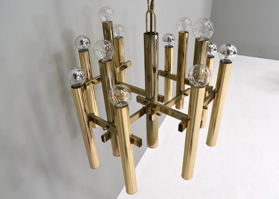 Italian Brass Chandelier 12 Spot Pendant Lamp by Gaetano Sciolari, 1970s-TE-1274088