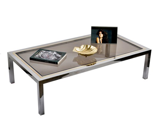 Italian Brass, Chrome and Glass Rectangular Coffee Table, 1970s-JDR-1125402