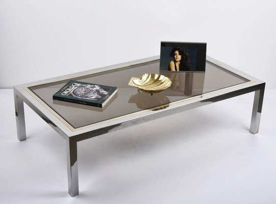 Italian Brass, Chrome and Glass Rectangular Coffee Table, 1970s-JDR-1125402