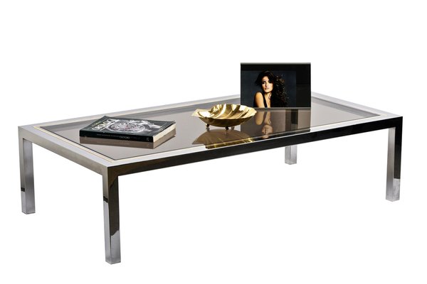 Italian Brass, Chrome and Glass Rectangular Coffee Table, 1970s-JDR-1125402