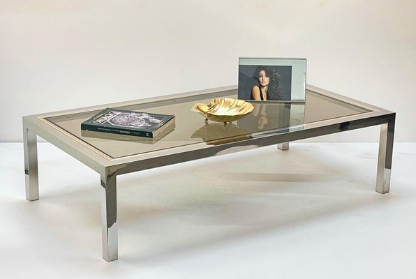 Italian Brass, Chrome and Glass Rectangular Coffee Table, 1970s-JDR-1125402