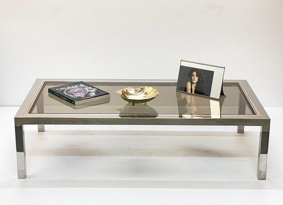 Italian Brass, Chrome and Glass Rectangular Coffee Table, 1970s-JDR-1125402