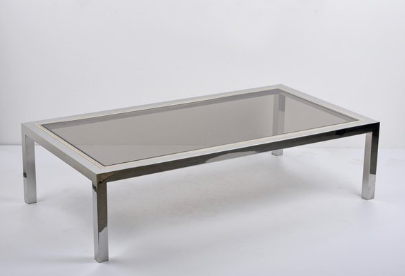 Italian Brass, Chrome and Glass Rectangular Coffee Table, 1970s-JDR-1125402