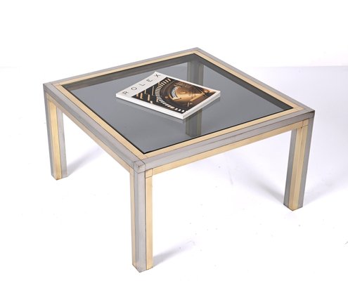 Italian Brass, Chrome and Smoked Glass Square Coffee Table, 1970s-JDR-1307144