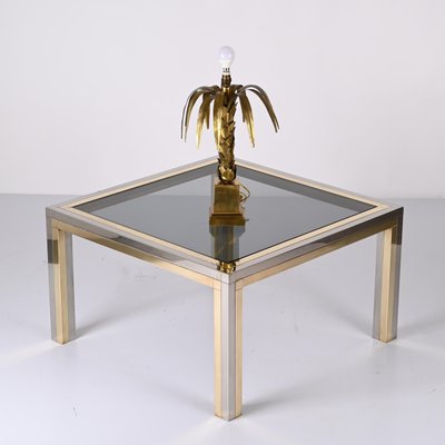 Italian Brass, Chrome and Smoked Glass Square Coffee Table, 1970s-JDR-1307144