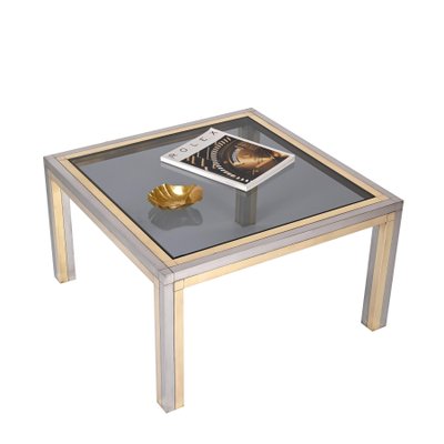 Italian Brass, Chrome and Smoked Glass Square Coffee Table, 1970s-JDR-1307144