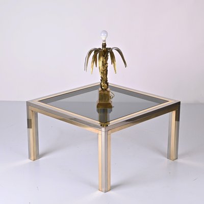 Italian Brass, Chrome and Smoked Glass Square Coffee Table, 1970s-JDR-1307144