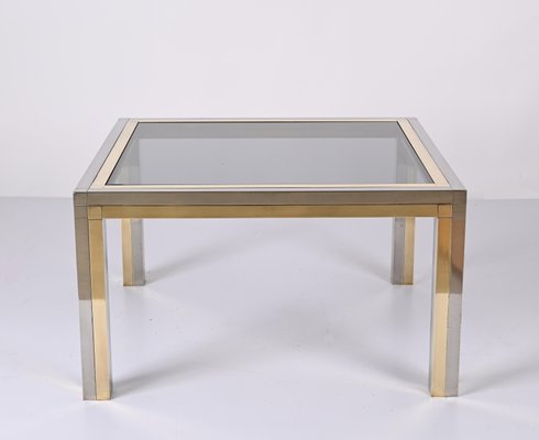 Italian Brass, Chrome and Smoked Glass Square Coffee Table, 1970s-JDR-1307144