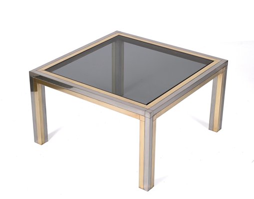 Italian Brass, Chrome and Smoked Glass Square Coffee Table, 1970s-JDR-1307144