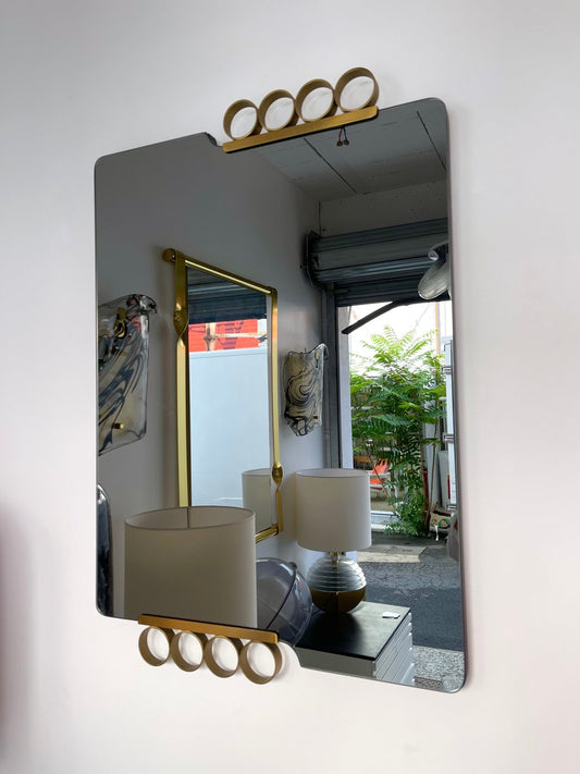 Italian Brass Disc Smoke Gray Tinted Glass Mirror attributed to Modernindustria, 1970s, Set of 2