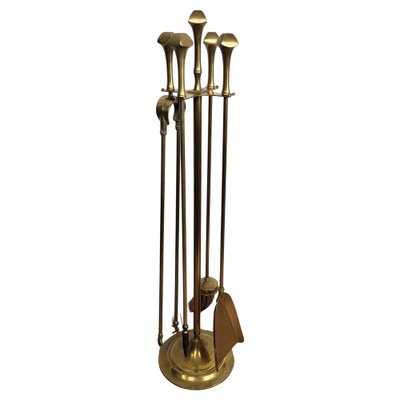 Italian Brass Fireplace Fire Tools with Stand, 1980s, Set of 5-EUP-1804856