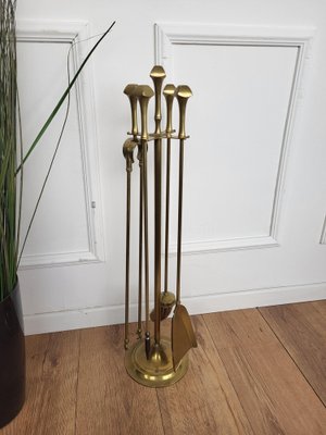 Italian Brass Fireplace Fire Tools with Stand, 1980s, Set of 5-EUP-1804856