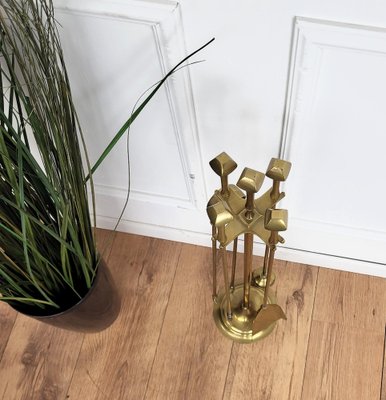 Italian Brass Fireplace Fire Tools with Stand, 1980s, Set of 5-EUP-1804856