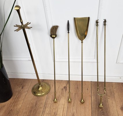 Italian Brass Fireplace Fire Tools with Stand, 1980s, Set of 5-EUP-1804856