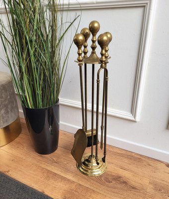 Italian Brass Fireplace Tool Set with Stand, 1980s, Set of 5-EUP-1403539