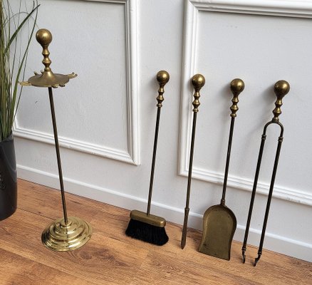 Italian Brass Fireplace Tool Set with Stand, 1980s, Set of 5-EUP-1403539