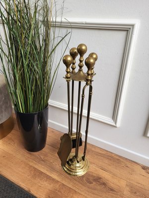 Italian Brass Fireplace Tool Set with Stand, 1980s, Set of 5-EUP-1403539