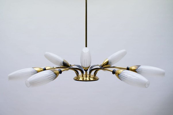 Italian Brass & Glass 12-Arm Sputnik Ceiling Lamp, 1950s-KQB-897072