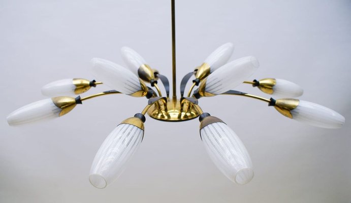 Italian Brass & Glass 12-Arm Sputnik Ceiling Lamp, 1950s-KQB-897072