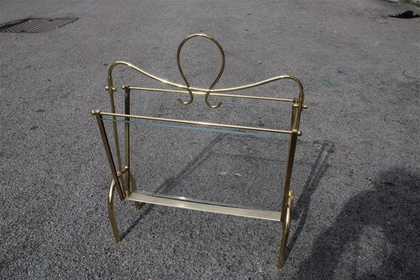 Italian Brass Magazine Rack with Transparent Glass, 1950s-EH-838010