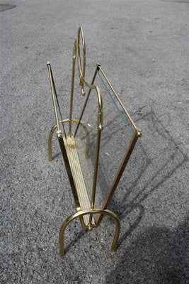 Italian Brass Magazine Rack with Transparent Glass, 1950s-EH-838010