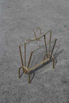 Italian Brass Magazine Rack with Transparent Glass, 1950s-EH-838010