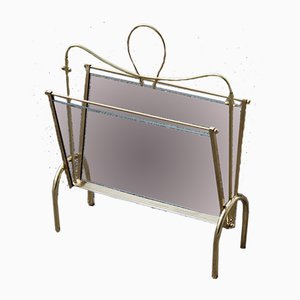 Italian Brass Magazine Rack with Transparent Glass, 1950s-EH-838010