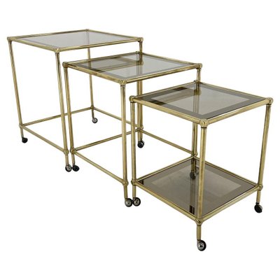 Italian Brass & Smoked Glass Nesting Tables, Set of 3-TZ-1433136