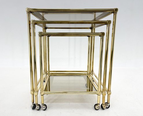 Italian Brass & Smoked Glass Nesting Tables, Set of 3-TZ-1433136