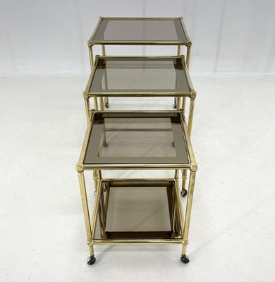 Italian Brass & Smoked Glass Nesting Tables, Set of 3-TZ-1433136