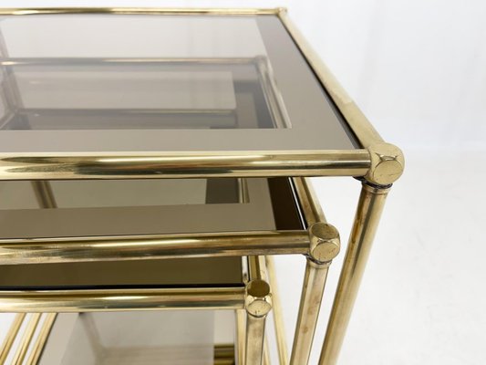 Italian Brass & Smoked Glass Nesting Tables, Set of 3-TZ-1433136