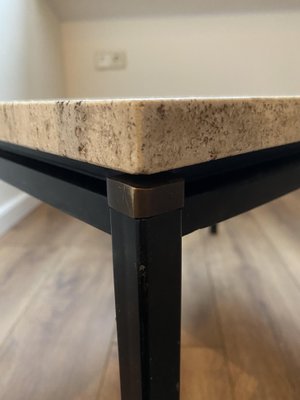 Italian Brass, Travertine and Steel Side or Coffee Table, 1960s-DE-1073059