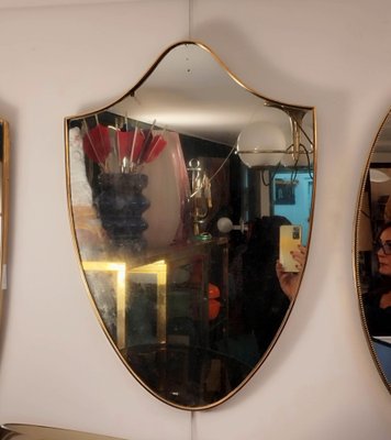 Italian Brass Wall Shield Mirror, 1960s-YUW-1778187