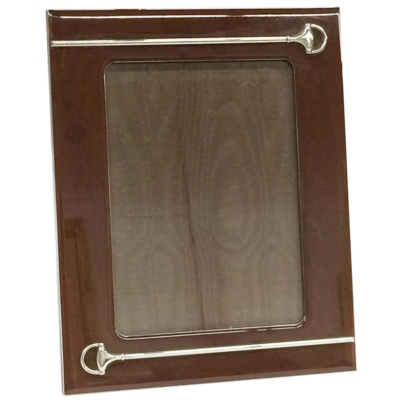 Italian Brown Lacquered Picture Frame With Silver Plated Horsebit from Gucci