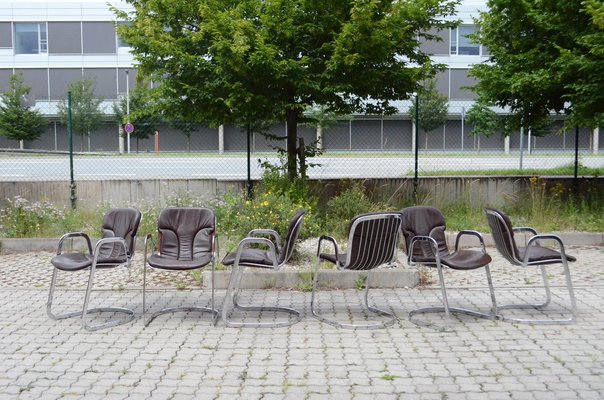 Italian Brown Leather and Chrome Dining Chairs from Cidue, 1960s, Set of 6-UF-1374404