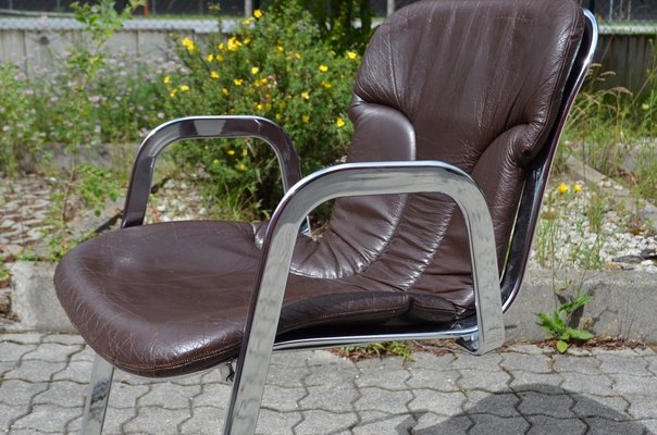 Italian Brown Leather and Chrome Dining Chairs from Cidue, 1960s, Set of 6-UF-1374404