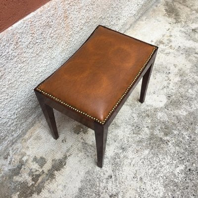 Italian Brown Leather and Wood Pouf, 1960s-GDD-1096862