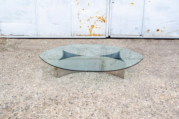 Italian Brutalist Coffee Table with Steel Base and Glass Top, 1970s-VCV-1383582