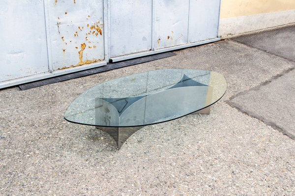 Italian Brutalist Coffee Table with Steel Base and Glass Top, 1970s-VCV-1383582