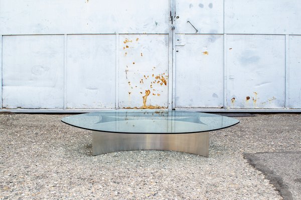 Italian Brutalist Coffee Table with Steel Base and Glass Top, 1970s-VCV-1383582