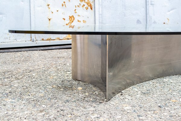 Italian Brutalist Coffee Table with Steel Base and Glass Top, 1970s-VCV-1383582